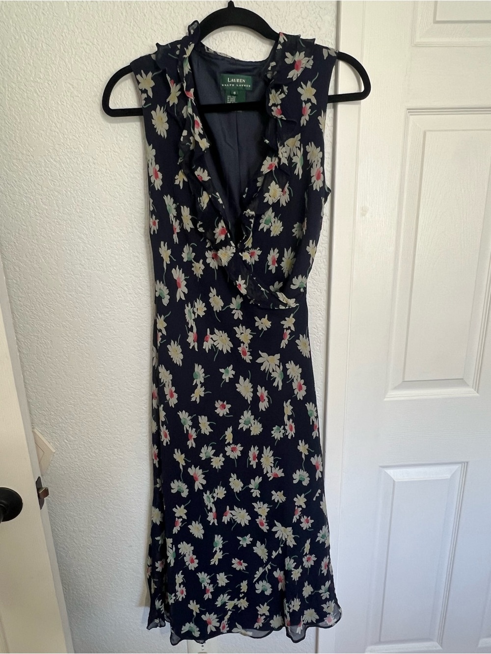 Lauren Ralph Lauren Silk Floral Ruffle Neck Midi Dress Navy Sleeveless Size 8 - Picture 1 of 10